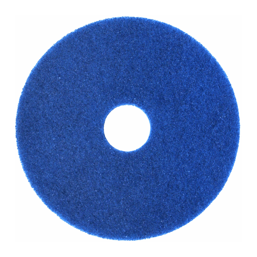 Um Arcora Superpad Azul, um disco de limpeza azul e redondo da Arcora International GmbH com superfície áspera e furo central, concebido para uso em pavimentos sensíveis, exibido sobre um fundo branco.