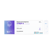 Uma caixa retangular com a inscrição "Strep A - Bisaf Selftest | Embalagem (1 unidade)" da Altruan, com um manual em polonês, um gráfico para cabeça e garganta e um cassete de teste Strep-A. O logotipo BISAF está localizado no canto inferior direito.