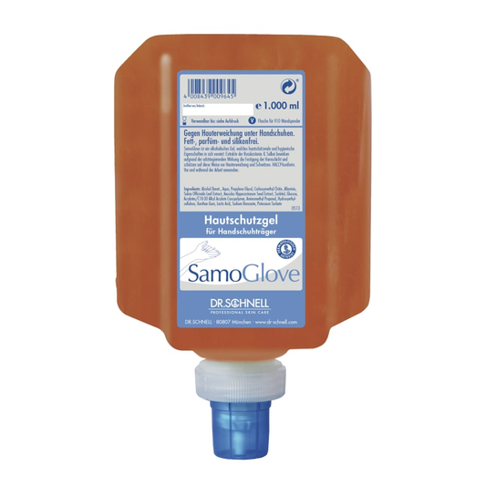 Der 1.000 ml orangefarbene Dr. Schnell SAMOGLOVE Hautschutz-Spender der DR.SCHNELL GmbH & Co. KGaA bietet professionelle Handpflege und Hautschutz unter Handschuhen, mit blauer Bodenkappe und deutschsprachiger Produktkennzeichnung.