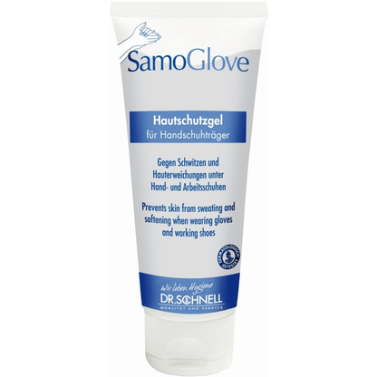 Die weiße Stehtube von Dr. Schnell SAMOGLOVE Hautschutz der DR.SCHNELL GmbH & Co. KGaA, beschriftet in Deutsch und Englisch, bietet Hautschutz gegen Schwitzen und Scheuern an Handschuhen oder Arbeitsschuhen.