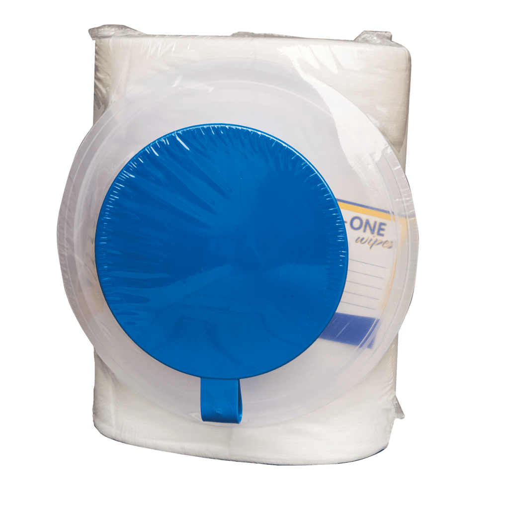 Um pacote de DR.SCHNELL GmbH & Co. KGaA Dr. Schnell DESIFOR-ONE WIPES toalhetes não impregnados (90 toalhetes), embalados em plástico com tampa dispensadora azul e etiqueta parcialmente visível no lado direito.