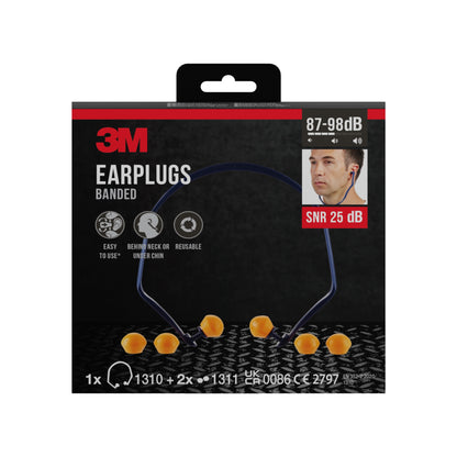 Abgebildet ist eine Packung 3M™ Bügelgehörschutz 1310 mit 2 Paar Ersatzstöpseln. Auf der Packung sind SNR 24-25 dB (je nach Passform), Merkmale von 3M Deutschland GmbH und Symbole für Komfort, Tragen am Hals und Wiederverwendbarkeit angegeben.