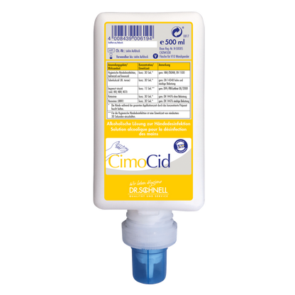 Uma garrafa de 500 ml de Dr. Schnell CIMOCID Desinfetante para as Mãos Alcoólico da DR.SCHNELL GmbH & Co. KGaA, com uma bomba azul e um rótulo branco com informações do produto e instruções de uso em várias línguas.