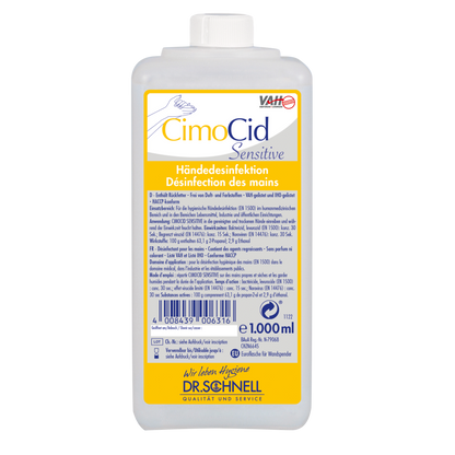 Eine 1-Liter-Rechteckflasche Dr. Schnell CIMOCID SENSITIVE Händedesinfektion der DR.SCHNELL GmbH & Co. KGaA mit deutscher und französischer Gebrauchsanweisung auf einem weiß-gelben Etikett und weißem Verschluss zur effektiven Keimreduktion.