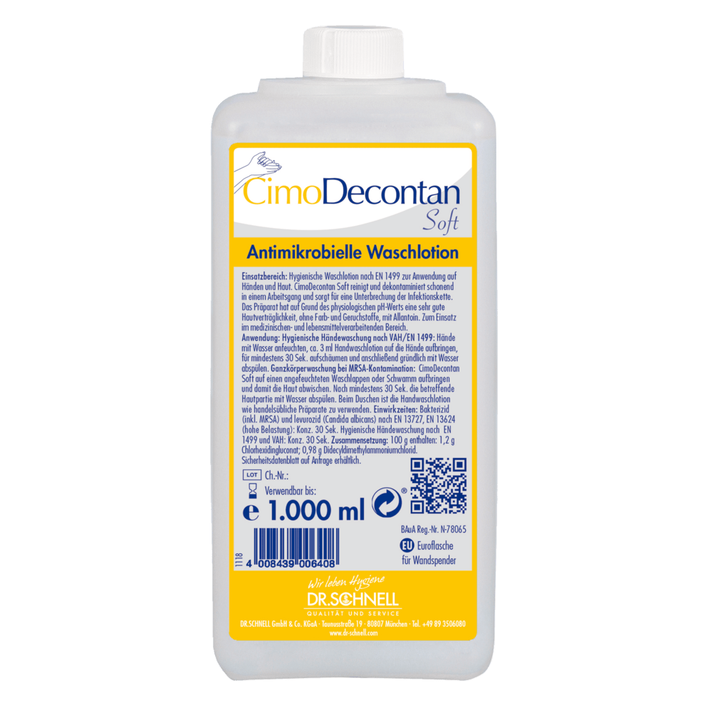 Uma garrafa de 1.000 ml Dr. Schnell CIMODECONTAN SOFT Loção de Lavagem Antimicrobiana da DR.SCHNELL GmbH & Co. KGaA, com rótulo amarelo-azul e instruções em alemão para limpeza higiênica da pele e das mãos.