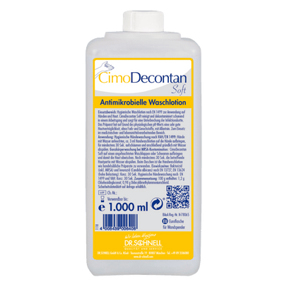 Uma garrafa de 1.000 ml Dr. Schnell CIMODECONTAN SOFT Loção de Lavagem Antimicrobiana da DR.SCHNELL GmbH & Co. KGaA, com rótulo amarelo-azul e instruções em alemão para limpeza higiênica da pele e das mãos.