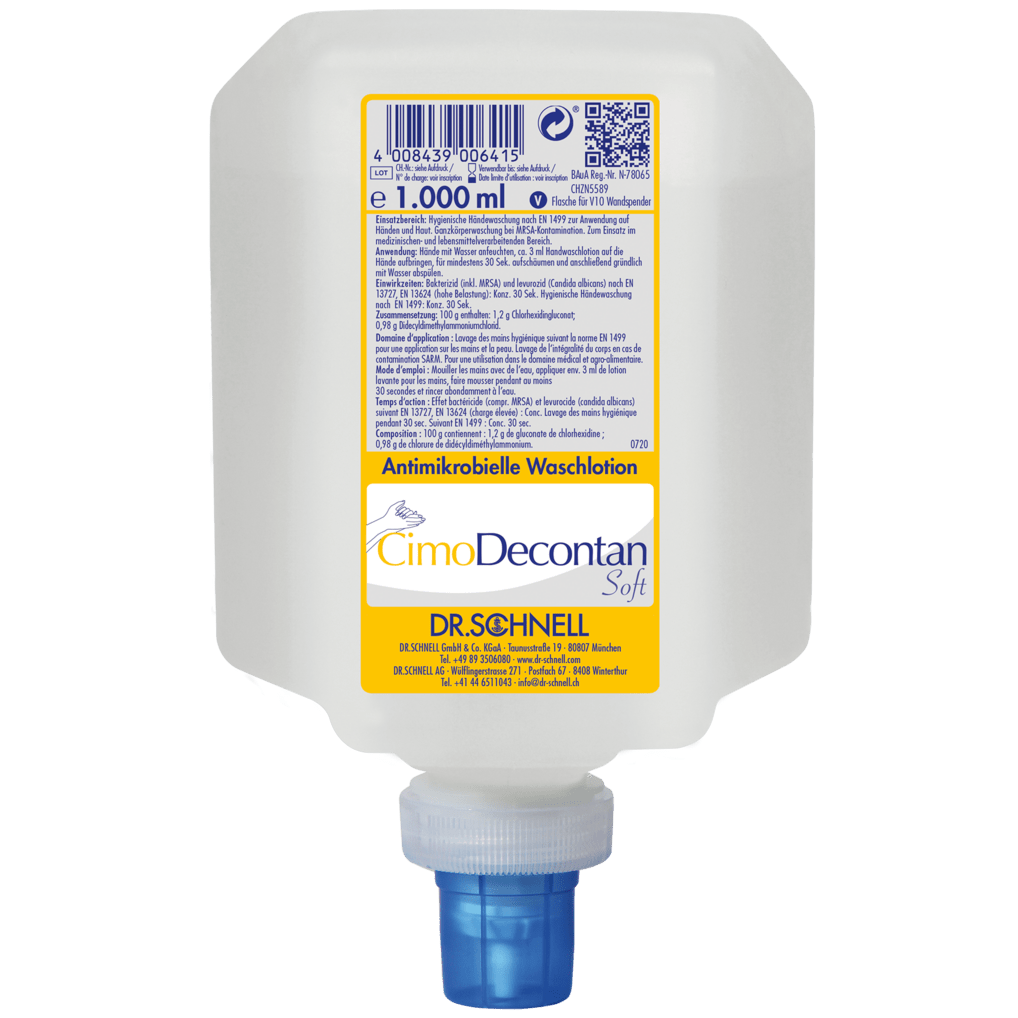 Um dispensador de plástico de 1000 ml do Dr. Schnell CIMODECONTAN SOFT Loção de Lavagem Antimicrobiana da DR.SCHNELL GmbH & Co. KGaA, com rótulo amarelo-branco e tampa azul, para limpeza higiênica da pele e das mãos.