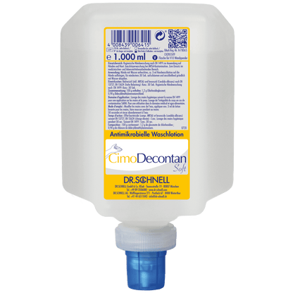 Um dispensador de plástico de 1000 ml do Dr. Schnell CIMODECONTAN SOFT Loção de Lavagem Antimicrobiana da DR.SCHNELL GmbH & Co. KGaA, com rótulo amarelo-branco e tampa azul, para limpeza higiênica da pele e das mãos.