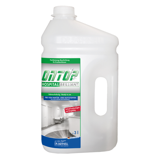 Eine 3-Liter-Flasche DR.SCHNELL ONTOP HOSPITAL BRILLIANT Hochleistungsbeschichtung für Böden, glänzend, von DR.SCHNELL GmbH & Co. KGaA; mit Henkel, Schraubverschluss und einem blau-grünen Etikett mit Produktangaben und Krankenhausflurbild.