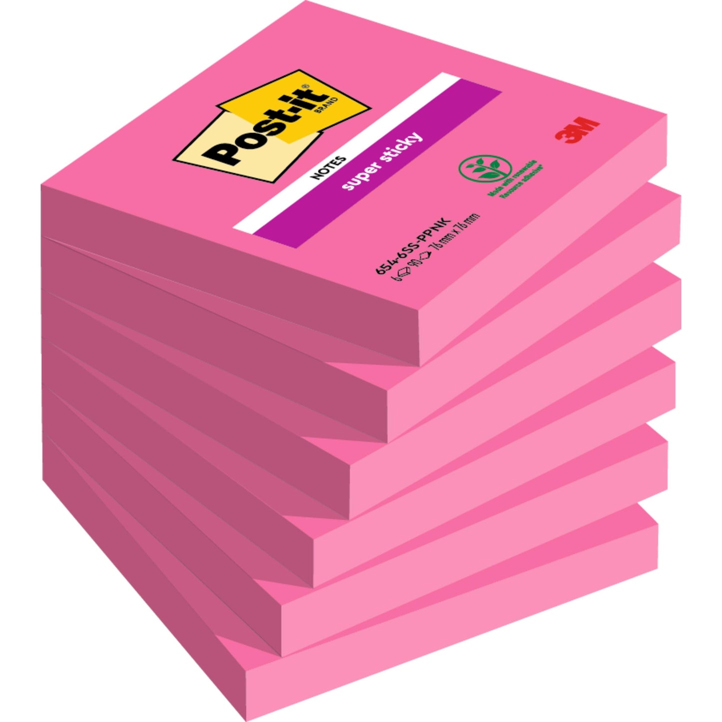 Um pacote de seis Post-it® Super Sticky Notes 654-6SS-PPNK rosa (76 mm x 76 mm, 90 folhas por bloco) da 3M Deutschland GmbH, certificado PEFC, com as impressões "Notes" e "Super Sticky" em branco e lilás no bloco superior.