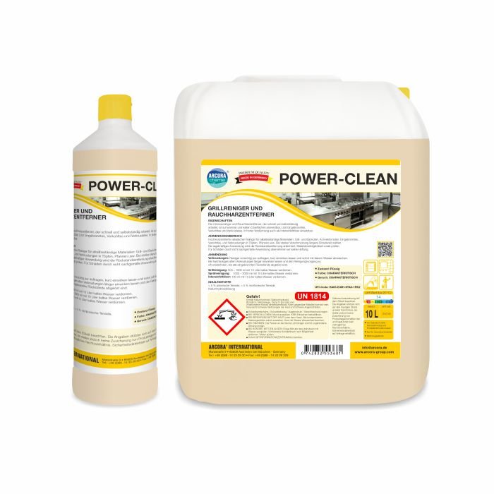 Na imagem estão dois Arcora POWER-CLEAN LIMPA-GRELHAS E REMOVEDOR DE RESINA DE FUMO da Arcora International GmbH: uma garrafa de 1L e um recipiente de 10L com tampas amarelas, etiquetas em alemão e informações de segurança - perfeito para remover resíduos de grelha.