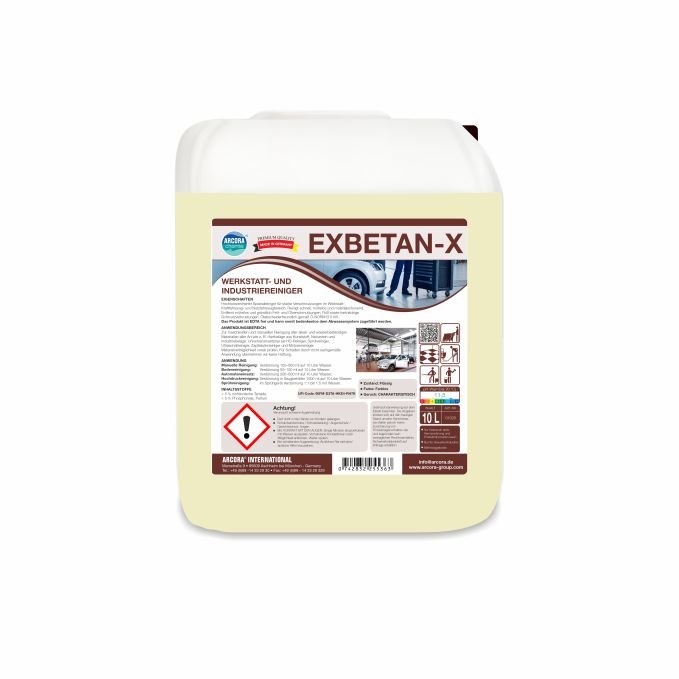 Um recipiente branco de 10 litros com a inscrição "Arcora Exbetan-X Limpeza de Oficinas e Indústrias" da Arcora International GmbH, com informações do produto, código de barras, pictogramas de segurança e símbolos de aviso para limpeza industrial e de oficinas.