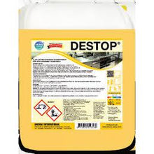 Um recipiente amarelo de 10L "Artigo descontinuado: Arcora destop desinfetante alcalino" da Arcora International GmbH com tampa branca, rótulo com avisos de segurança, informações do produto e símbolos de perigo.