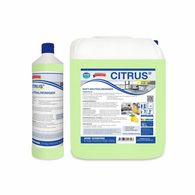 Na imagem, há duas embalagens do Arcora CITRUS FRESH NEUTRALREINIGER da Arcora International GmbH: uma garrafa de 1 litro e um bidão de 10 litros, ambos com tampa azul e etiquetas que mostram superfícies limpas, limões e um aroma fresco de citrinos.