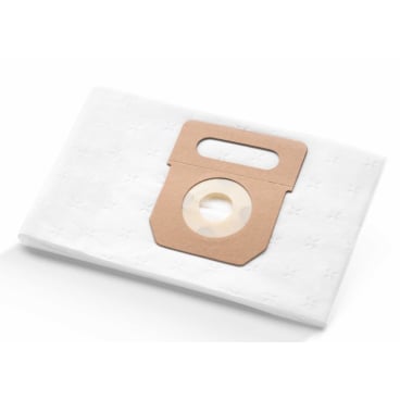 Um saco de filtro de tecido Arcora M5Plus de 3 camadas para aspirador (pacote de 10 peças, Arcora International GmbH) com colar de cartão castanho e abertura redonda está deitado plano sobre uma superfície branca.