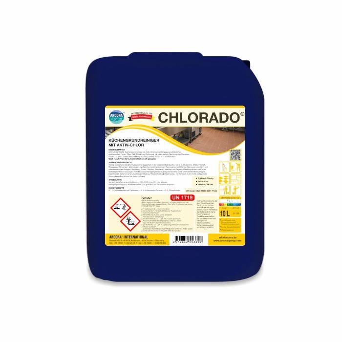 Um recipiente azul de 10 litros de Arcora Chlorado Detergente de Cozinha com Cloro Ativo da Arcora International GmbH. O rótulo alemão contém instruções de uso, símbolos de perigo e informações detalhadas do produto.