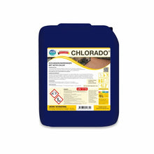 Um recipiente azul de 10 litros de Arcora Chlorado Detergente de Cozinha com Cloro Ativo da Arcora International GmbH. O rótulo alemão contém instruções de uso, símbolos de perigo e informações detalhadas do produto.