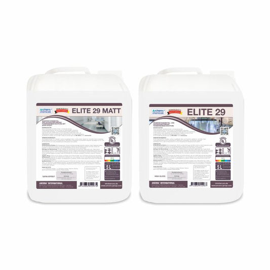 Zwei weiße 5-Liter-Behälter mit der Aufschrift "Arcora Elite 29" bieten eine desinfektionsmittel- und alkoholbeständige Bodenbeschichtung, ideal für den Einsatz im Innenbereich der Arcora International GmbH.