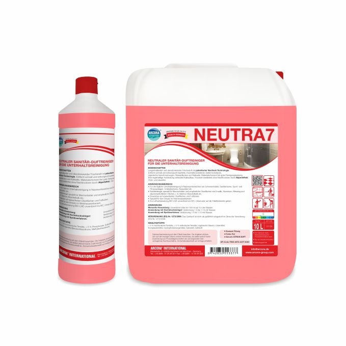 Dois recipientes Arcora NEUTRA 7 - uma garrafa alta com tampa vermelha e um grande jarro - estão ilustrados, ambos com rótulos em alemão como "LIMPADOR DE FRAGRÂNCIA NEUTRA SANITÁRIA PARA LIMPEZA DE MANUTENÇÃO" da Arcora International GmbH.