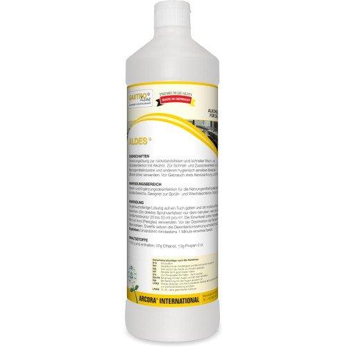 Uma garrafa branca de 1 litro com a inscrição "Arcora Aldes Desinfecção Rápida Alcoólica Para a Área Alimentar" da Arcora International GmbH está equipada com um manual de instruções em alemão, um selo vermelho "Qualidade Premium Feito na Alemanha" e avisos no rótulo.