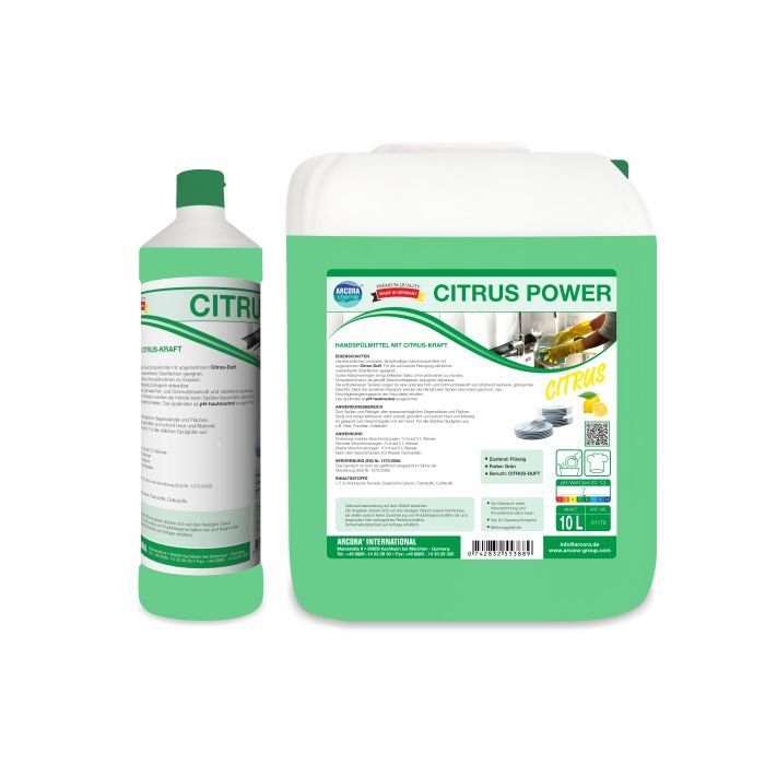 Estão em exibição dois produtos Arcora CITRUS POWER HANDSPÜLMITTEL da Arcora International GmbH: à esquerda, uma garrafa de 1 litro com detalhes em verde e, à direita, um bidão retangular de 10 litros, ambos com a inscrição que indica uma lavagem eficaz.