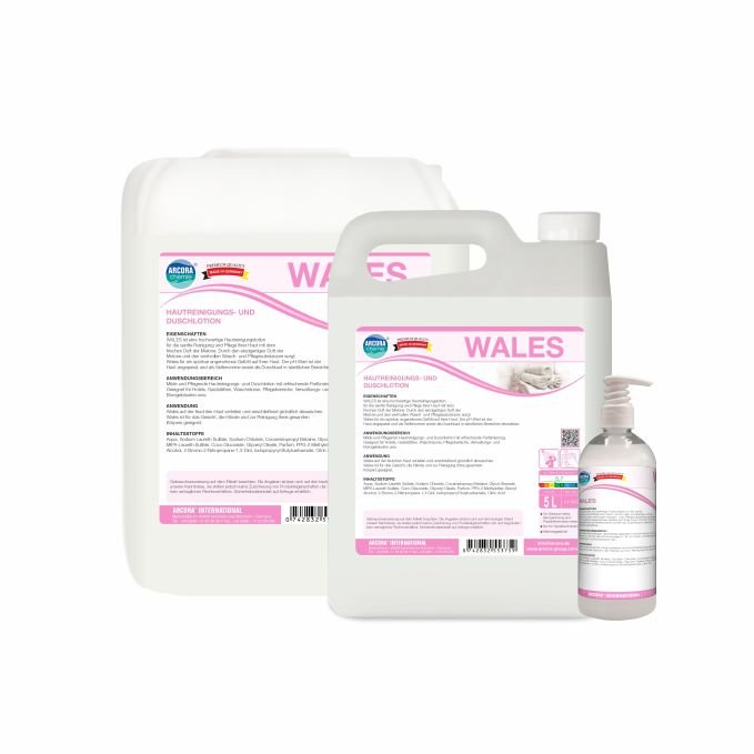 Três recipientes de Arcora WALES LOÇÃO DE LIMPEZA E BANHO da Arcora International GmbH - Frasco com bomba, jarro e bidão com inscrição branca e rosa - loção de banho suave para todos os tipos de pele.