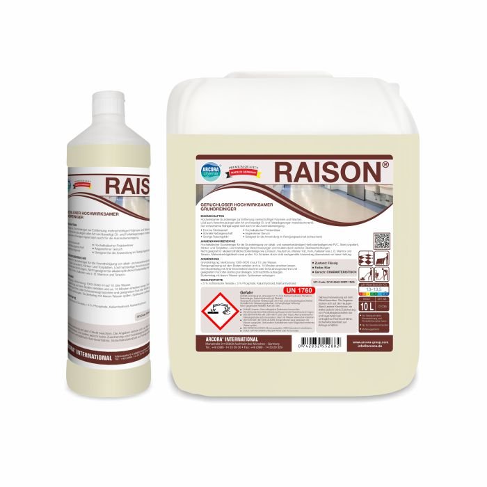 Dois recipientes do Arcora RAISON Detergente Alcalino Inodoro de Alta Eficácia da Arcora International GmbH, uma garrafa e um grande jarro com descrição detalhada em alemão, são ilustrados sobre um fundo branco - ideal para tarefas de limpeza profissional.