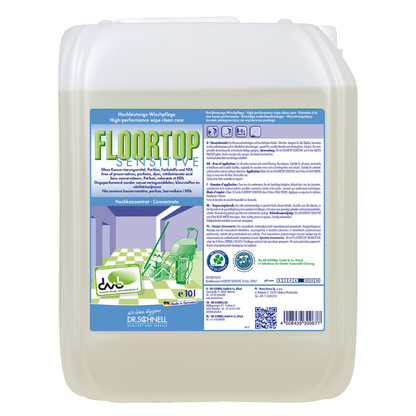 Um grande recipiente de plástico transparente com a inscrição "Dr. Schnell Floortop Sensitive, Limpa-chão de alto desempenho, sem perfume" da DR.SCHNELL GmbH & Co. KGaA está equipado com uma tampa verde, informações multilíngues e uma ilustração de limpeza na frente.