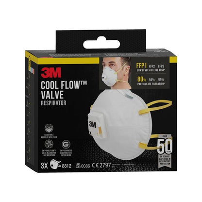 A máscara de partículas 3M™ Cool Flow™ 8812, FFP1 com válvula, conjunto de 3 da 3M Deutschland GmbH é entregue em uma caixa com imagens das máscaras e ilustração do usuário. Cada pacote contém três máscaras respiratórias, projetadas para proteção respiratória confortável.