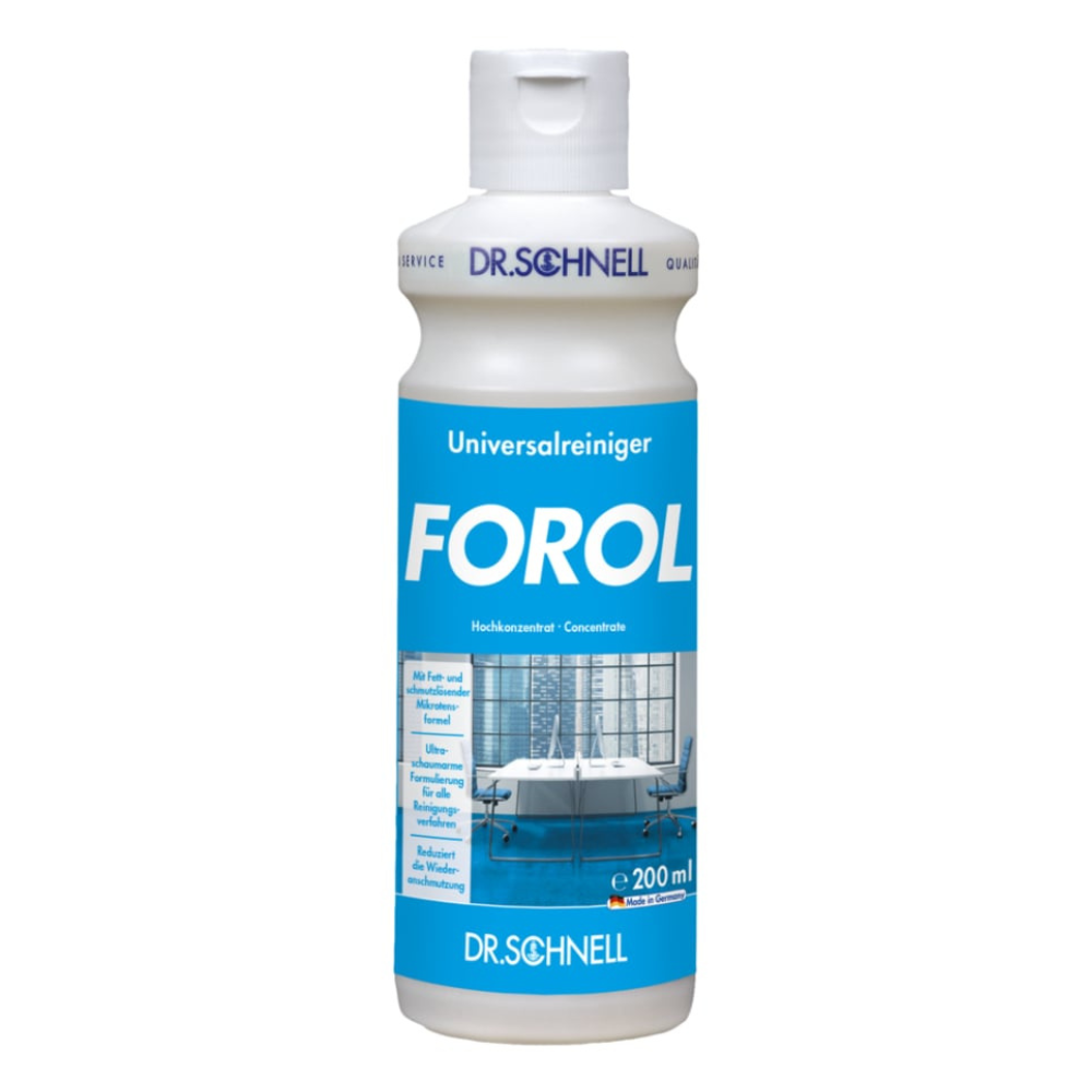 Uma garrafa de plástico branca de 200 ml Dr. Schnell de Forol Universalreiniger Oberflächen Konzentrat da DR.SCHNELL GmbH & Co. KGaA, com rótulo azul e imagem de sala limpa. Adequado para diversos tipos de superfícies devido à sua excelente compatibilidade com materiais.