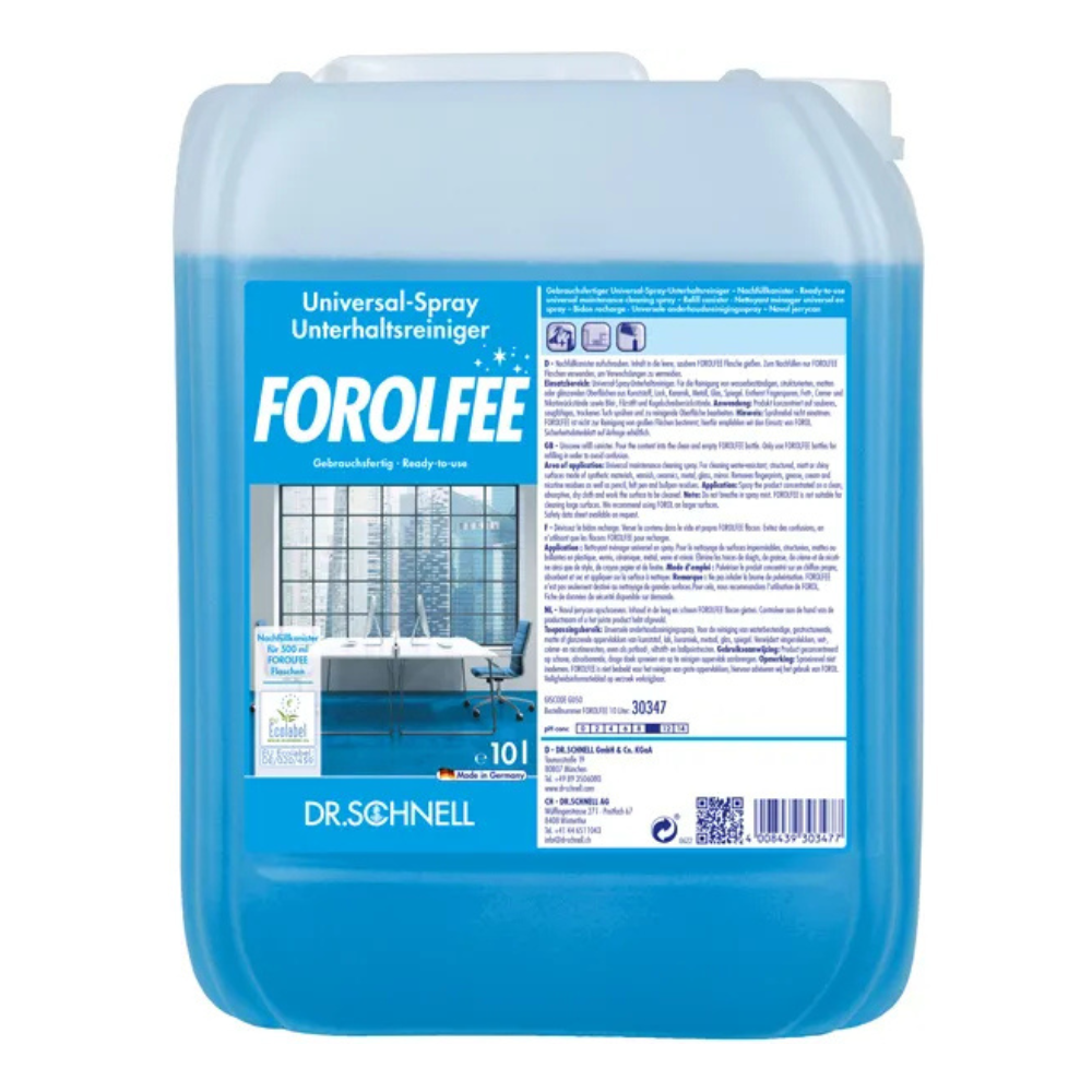 Um recipiente de 10 litros Dr. Schnell ForolFee Universalreiniger, limpador de superfícies pronto para uso da DR.SCHNELL GmbH & Co. KGaA, com líquido azul e uma etiqueta azul e branca com texto, instruções e uma imagem de escritório.