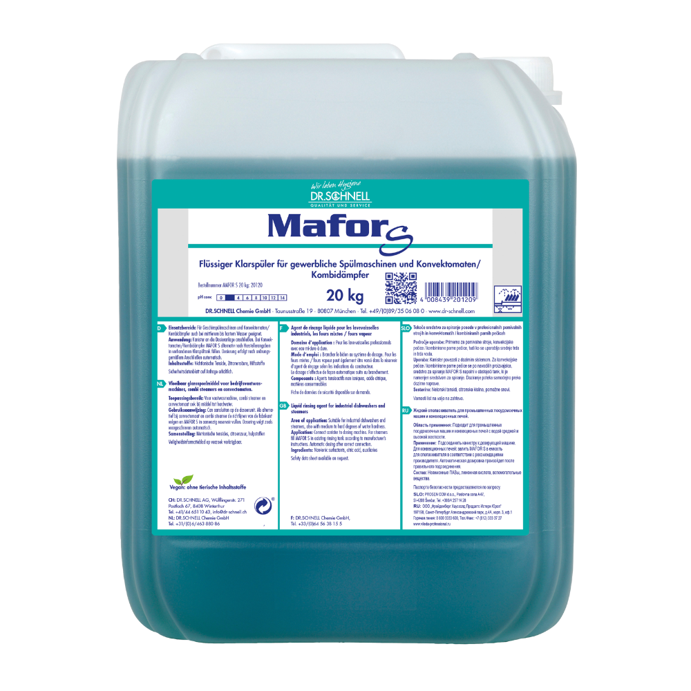 Um recipiente de plástico de 20 kg de Dr. Schnell MAFOR S abrilhantador ácido para máquinas de lavar loiça industriais da DR.SCHNELL GmbH & Co. KGaA, líquido azul, com um rótulo branco-verde em alemão com informações do produto e avisos de segurança.