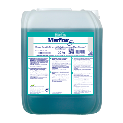 Um recipiente de plástico de 20 kg de Dr. Schnell MAFOR S abrilhantador ácido para máquinas de lavar loiça industriais da DR.SCHNELL GmbH & Co. KGaA, líquido azul, com um rótulo branco-verde em alemão com informações do produto e avisos de segurança.