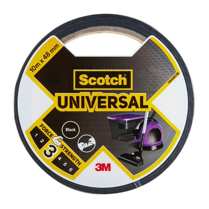Um rolo de fita adesiva Scotch® Universal 2904, 10 m x 48 mm da 3M Deutschland GmbH é mostrado em sua embalagem com imagens do produto, uma força de 3/5 e a marca 3M no rótulo frontal.