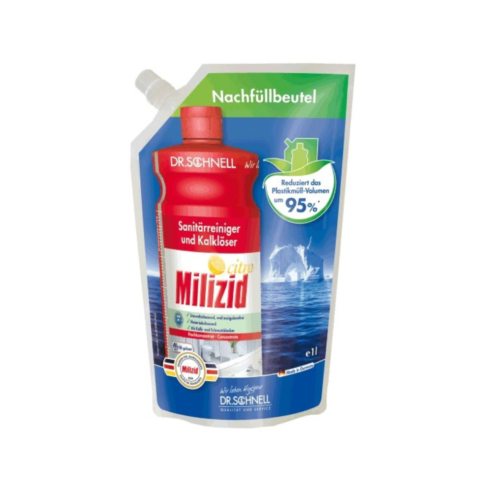 Ein 1-Liter-Nachfüllbeutel von Dr. Schnell Milizid Citro Sanitärreiniger und Kalklöser der DR.SCHNELL GmbH & Co. KGaA, in rot-weiß mit grünen Akzenten, deutschem Text, Ausgießer und 95% weniger Kunststoffvolumen.