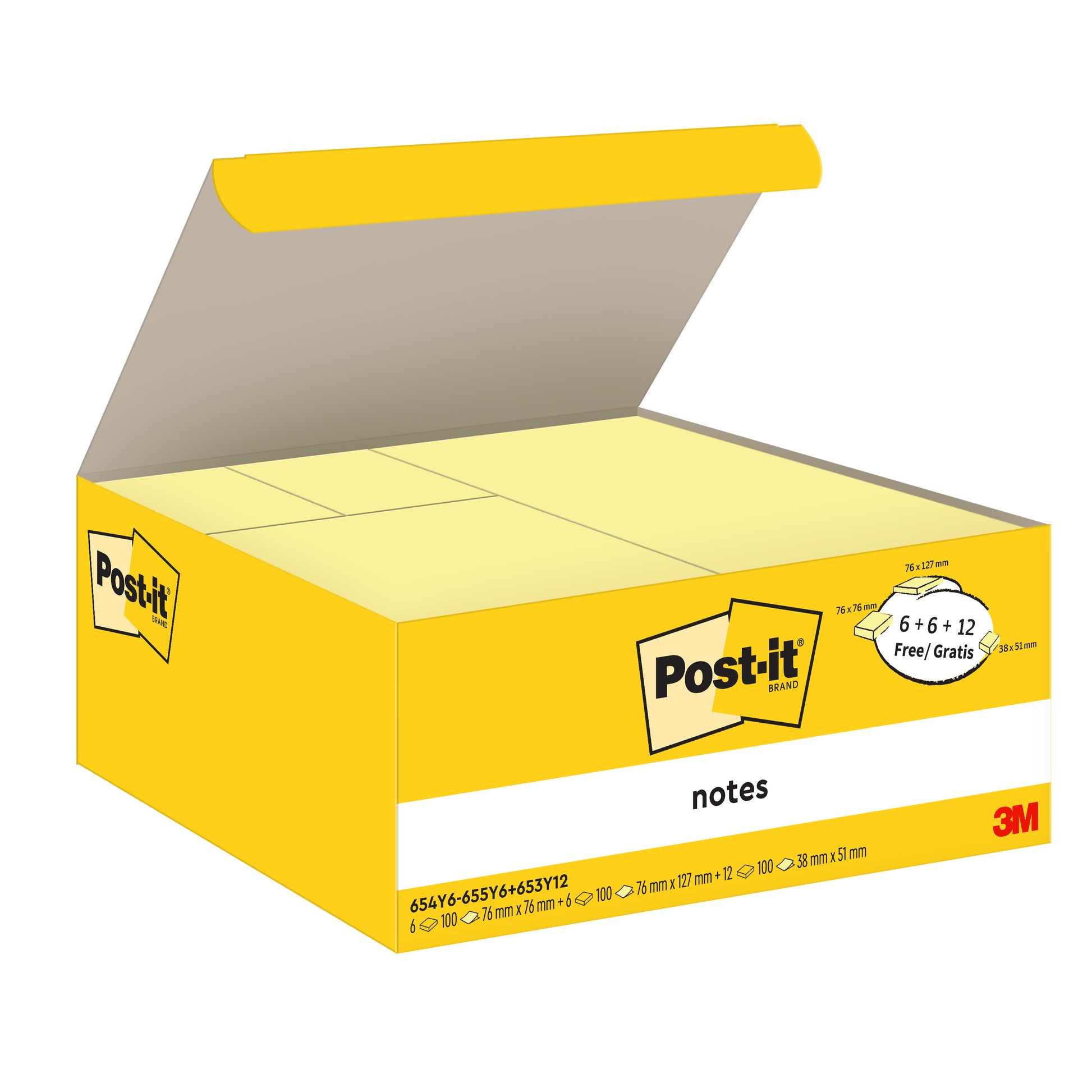 Ein gelber Karton mit Post-it® Notes in verschiedenen Größen, 100 Blatt pro Block. Enthält 12 Blöcke plus 12 gratis, mit Promotion-Aufkleber und Produktinfos vorne. 3M-Logo unten rechts, Verpackung zu 100% PEFC-zertifiziert.