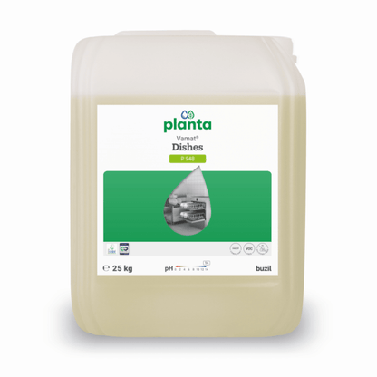 Um bidão de 25 litros em plástico transparente com o produto Vamat® P948 da BUZIL-WERK, um detergente ecológico e alcalino à base de vidro líquido para máquinas de lavagem de louça profissionais, com um rótulo verde e branco e uma fotografia de louça de cozinha na parte da frente.