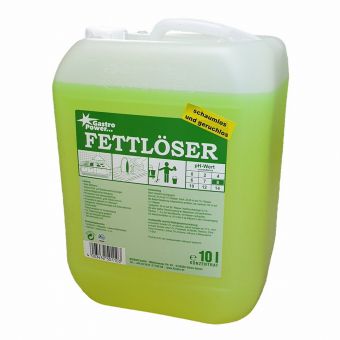 Um recipiente de plástico de 10 litros da GastroPower Desengordurante, Sem Espuma e Sem Cheiro da Abena Re-Seller GmbH para desengorduramento de cozinhas, com informações do produto, instruções e símbolos de segurança na frente, bem como uma alça e tampa brancas.