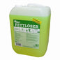 Um recipiente de plástico de 10 litros da GastroPower Desengordurante, Sem Espuma e Sem Cheiro da Abena Re-Seller GmbH para desengorduramento de cozinhas, com informações do produto, instruções e símbolos de segurança na frente, bem como uma alça e tampa brancas.