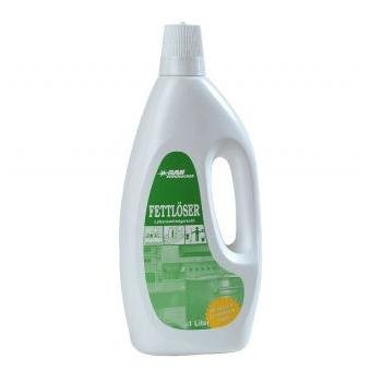 Uma garrafa de plástico branca de 1L com a inscrição "Fettlöser" contém GastroPower TK-RAN da Abena Re-Seller GmbH, ideal para combater sujidades difíceis na gastronomia; disponível como caixa com 4 garrafas (4*1L).