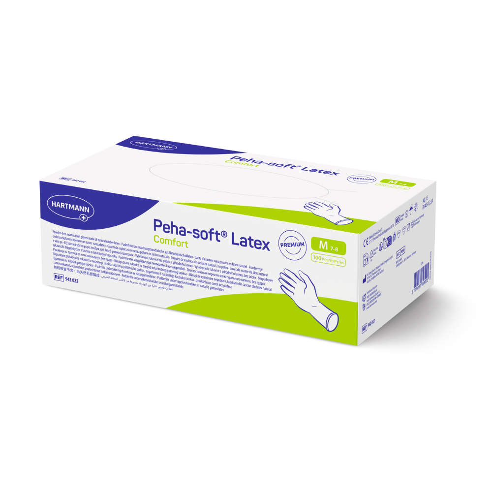 Uma caixa retangular de luvas de exame descartáveis Peha-soft latex comfort da Paul Hartmann AG no tamanho M mostra o nome do produto, o logotipo da marca, uma imagem de mão e detalhes em azul e verde sobre fundo branco.