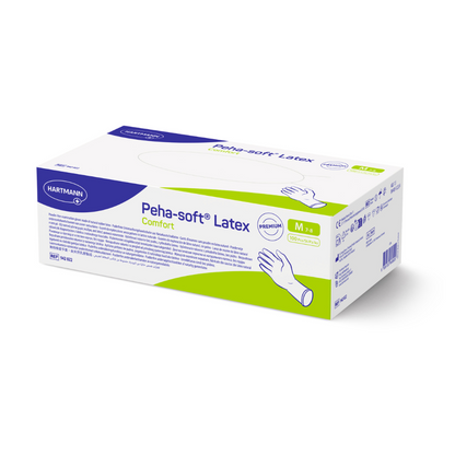 Uma caixa retangular de luvas de exame descartáveis Peha-soft latex comfort da Paul Hartmann AG no tamanho M mostra o nome do produto, o logotipo da marca, uma imagem de mão e detalhes em azul e verde sobre fundo branco.
