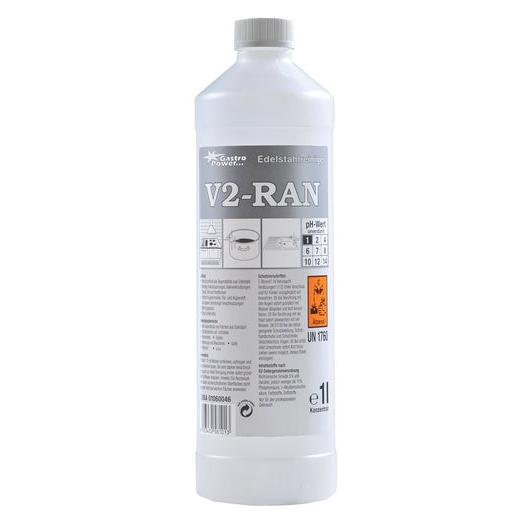 GastroPower V2-RAN, 1 l (4*1) da Abena Re-Seller GmbH: Limpador de aço inoxidável em garrafa de plástico com rótulo cinza/branco, instruções, escala de pH e símbolos de perigo - ideal para a limpeza higiénica em estabelecimentos gastronómicos.