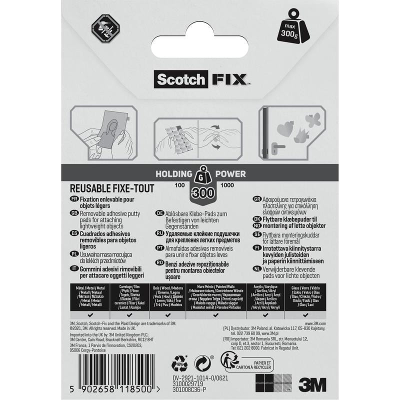 Parte traseira de um pacote de Scotch-FIX™ Almofadas Adesivas Removíveis 301008C36-P (11mm x 15mm, 36 unidades) da 3M Deutschland GmbH com instruções ilustradas, informações multilíngues, indicações de resistência e branding em uma embalagem preta-branca-cinza.