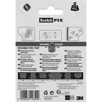 Parte traseira de um pacote de Scotch-FIX™ Almofadas Adesivas Removíveis 301008C36-P (11mm x 15mm, 36 unidades) da 3M Deutschland GmbH com instruções ilustradas, informações multilíngues, indicações de resistência e branding em uma embalagem preta-branca-cinza.
