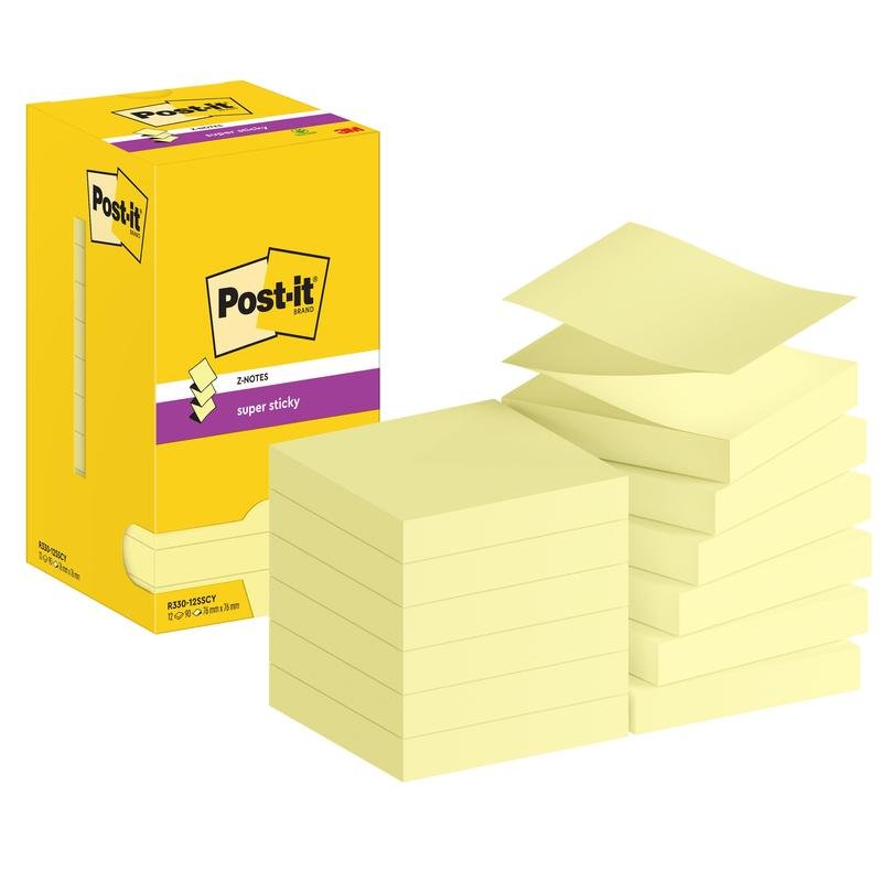 Uma caixa aberta com 3M Post-it® Super Sticky Z-Notes, Amarelo (76 x 76 mm), 90 folhas/bloco, 12 blocos/pacote, certificado PEFC pela SGSCH-PEFC-COC-110078 mostra notas amarelas organizadas ao lado da caixa.
