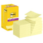 Uma caixa aberta com 3M Post-it® Super Sticky Z-Notes, Amarelo (76 x 76 mm), 90 folhas/bloco, 12 blocos/pacote, certificado PEFC pela SGSCH-PEFC-COC-110078 mostra notas amarelas organizadas ao lado da caixa.