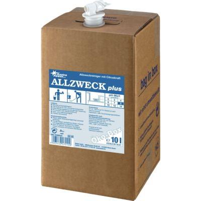Die 10 l GastroPower Allzweck Plus Öko Box der Abena Re-Seller GmbH aus braunem Karton mit Spenderhahn und blau-weißem Etikett bietet einen konzentrierten, umweltfreundlichen Vielzweckreiniger für den vielseitigen Einsatz in der Gastronomie.