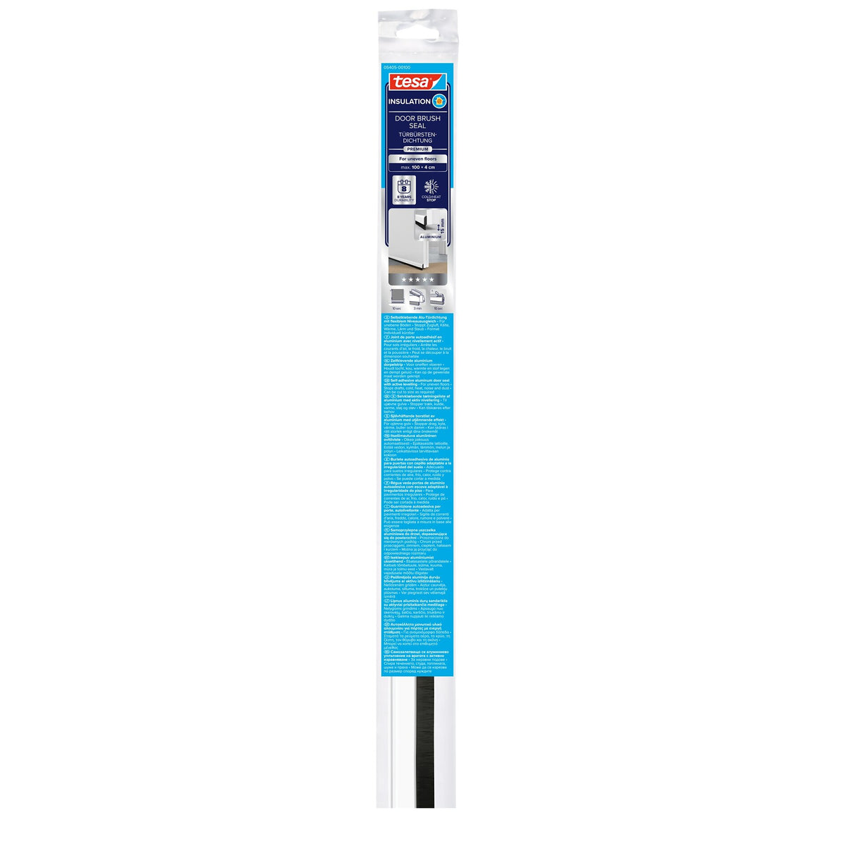 tesa INSULATION Türbürstendichtung für unebene Böden, 1 m x 40 mm, Alu weiß