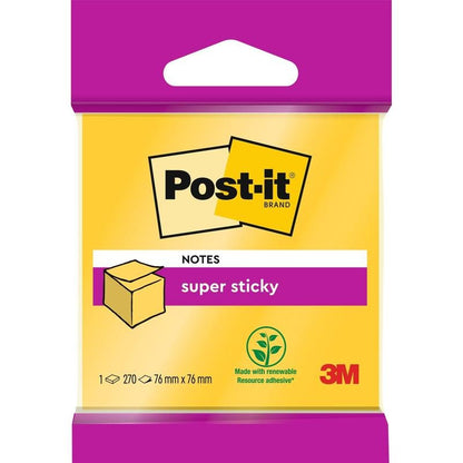 Uma embalagem de Post-it® Super Sticky Notes Cubo, 76 mm x 76 mm, da 3M Deutschland GmbH. Contém 270 folhas amarelas, tem uma parte superior e inferior lilás, o logotipo da 3M e utiliza adesivo certificado 100% PEFC de matérias-primas renováveis.